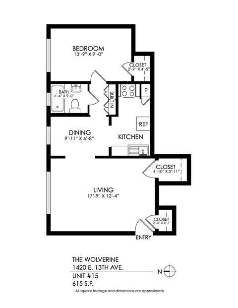 Floor plan for 1 bed, 1 bath, 405 sqft